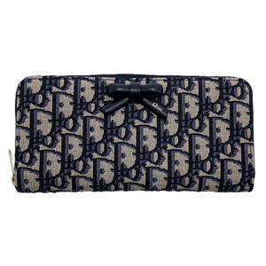 Dior Oblique Bow Voyageur Slim Wallet Long Calf Technical Navy Blue